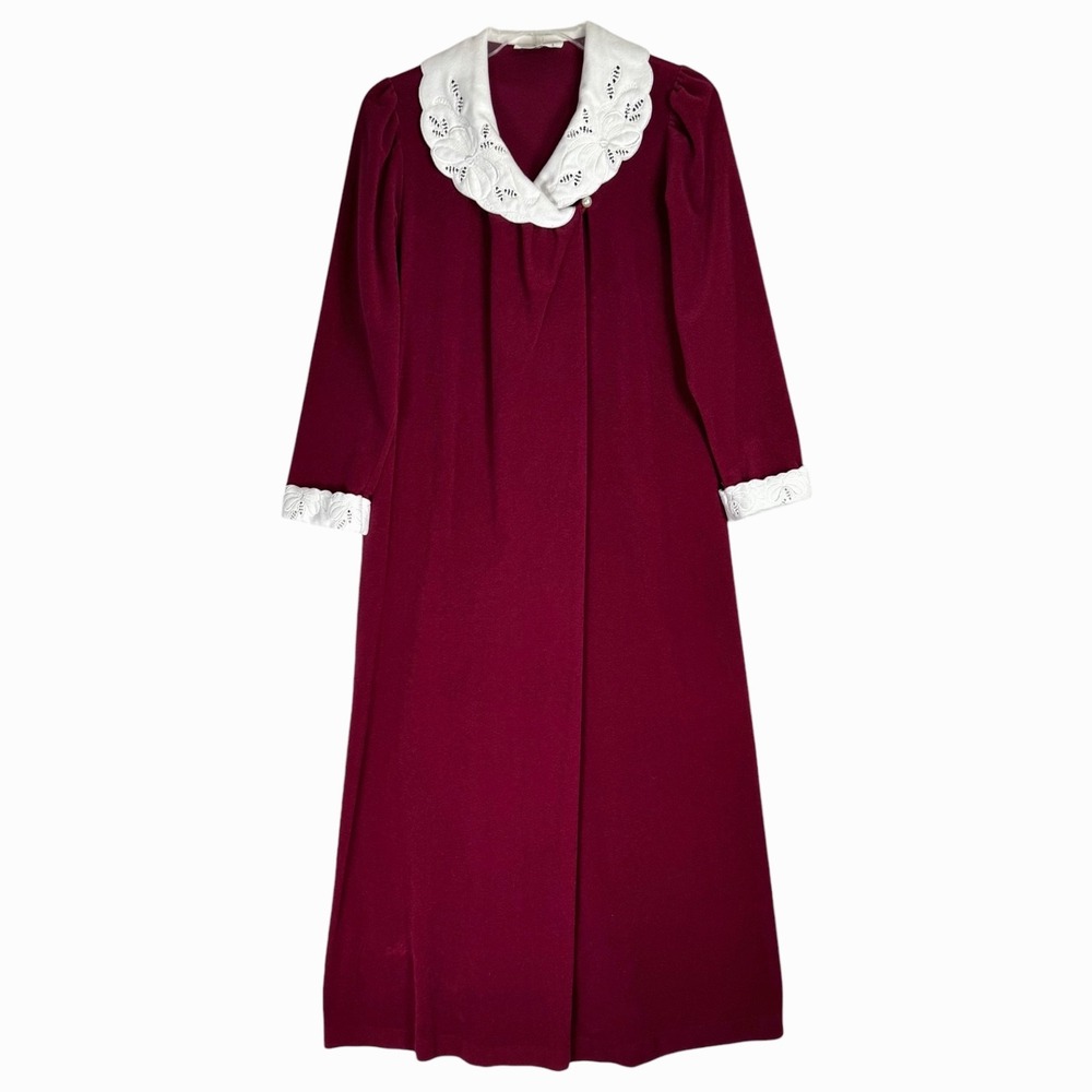 Vintage 70s Vanity Fair Burgundy Maxi Housecoat Robe 1/3 Zip Embroidered Size S